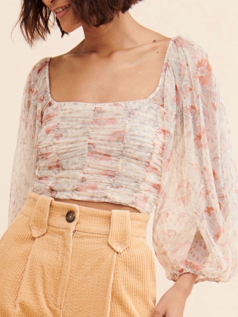 Free People Lilia Top Floral Sheer Ruched Crop with Puff Sleeves Size Medium